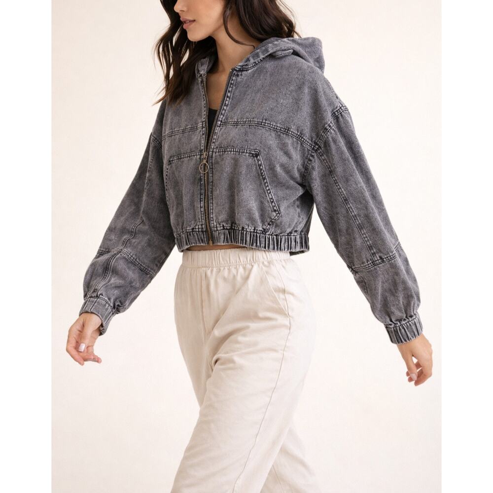 Harper Heritage Cropped Denim Hoodie Jacket L Gray Acid Wash Zip Up 100% Cotton